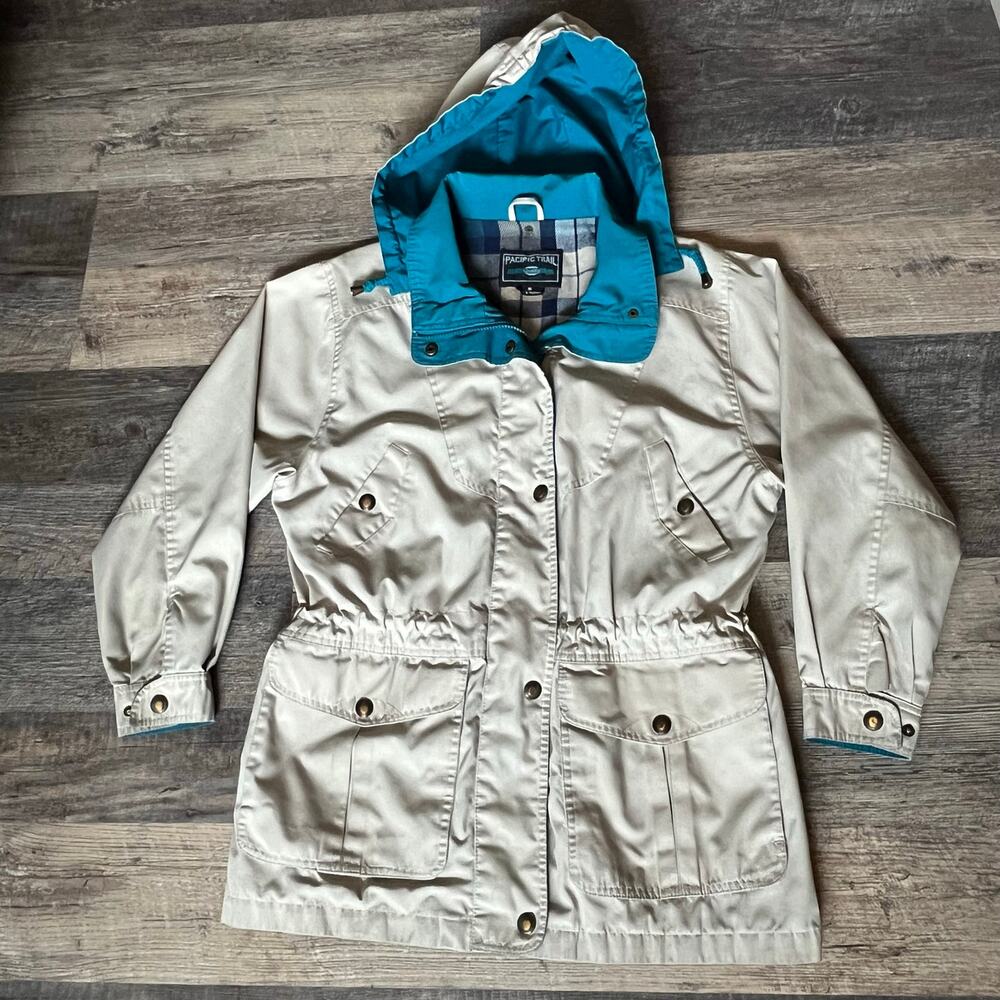 Vintage Pacific Trail Ivory Teal Hooded Utility Jacket Women's M Pockets Lined